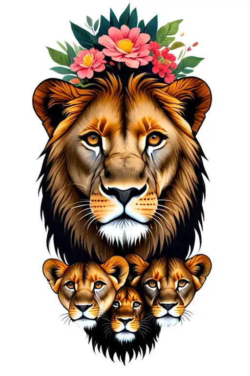 Lioness And 4 Cubs Face Only With Flowers Surrounding