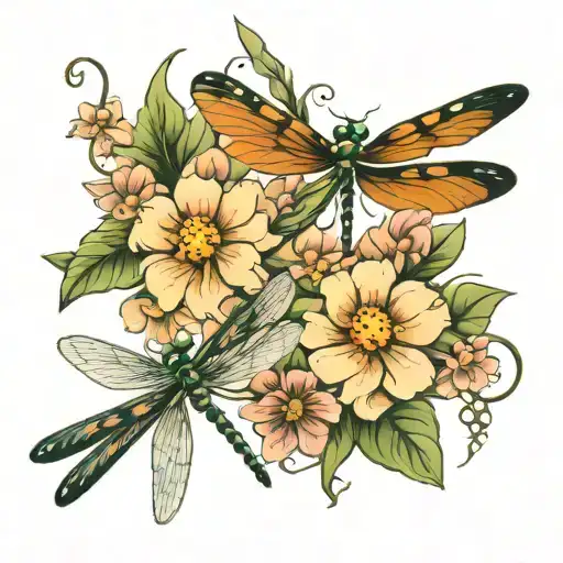2 Dragonflies With Flowers