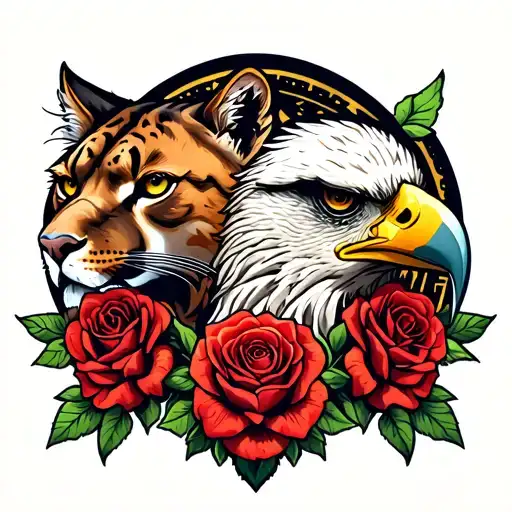 A Mountain Lion Head And An Eagle Head With Roses