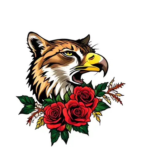 A Mountain Lion Head And An Eagle Head With Roses