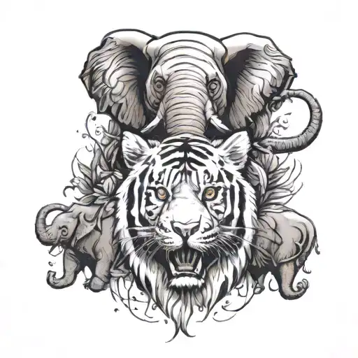 Tiger And Four Elephants