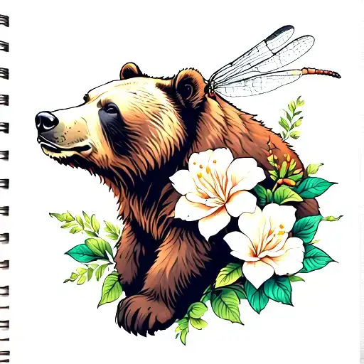 Grizzly Bear With Gardenias And Dragonfly
