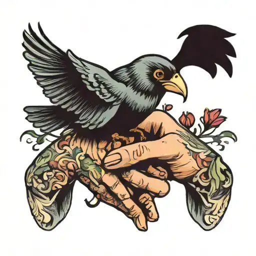 Two Hands Holding Bird Sitting In The Hands And One Bird Fly