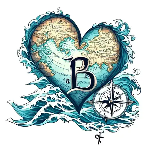 A Heart In Shape Of A Letter B In Sea Waves And Compass And Map