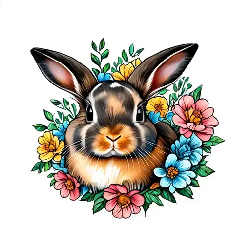 Holland Lop Bunny With Flowers Surrounding
