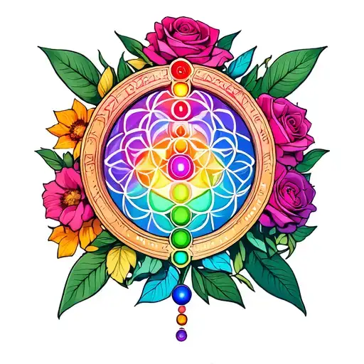 Flower Of Life With Chakras Colors And Rose And Life Flowers Around It