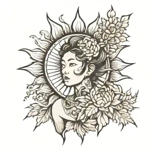 Sun And Chrysanthemum And Girl Wearing