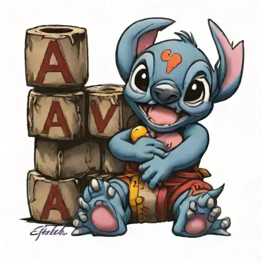 Stitch Holding The Name Ava In Blocks