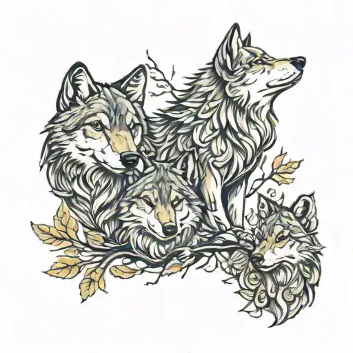Wolf Family 2 Adults 2 Children Oak Tree Colored Leaves