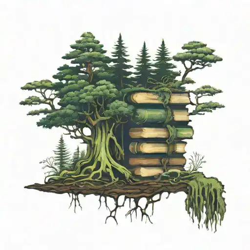 Evergreen Forest With Roots And Moss With A Stack Of 3 Books