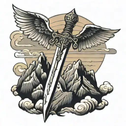 Nordic Sword With Wings Plunging Into A Mountain Range