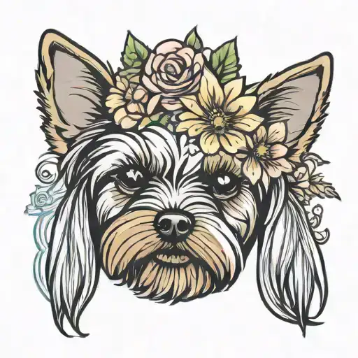 Yorkie Dog Face Half With Flower Bouquet