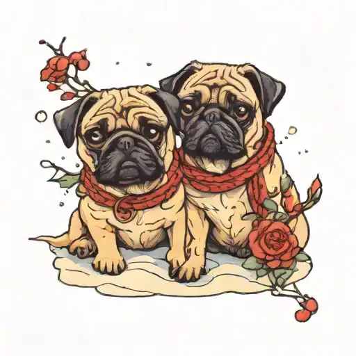 A Romantic Scene With Two Pugs Cuddling In The Snow