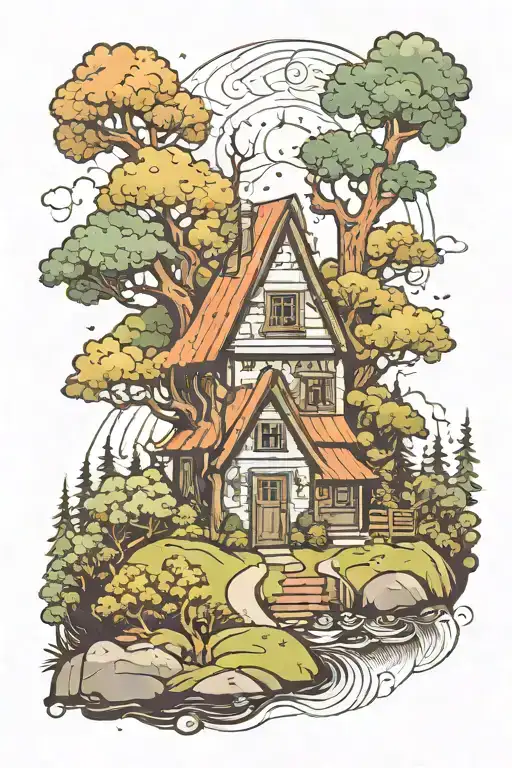A Forest Landscape With A Small House In The Middle
