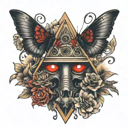 Pyramid With Red Eyes Open Butterflies Smoke Flowers
