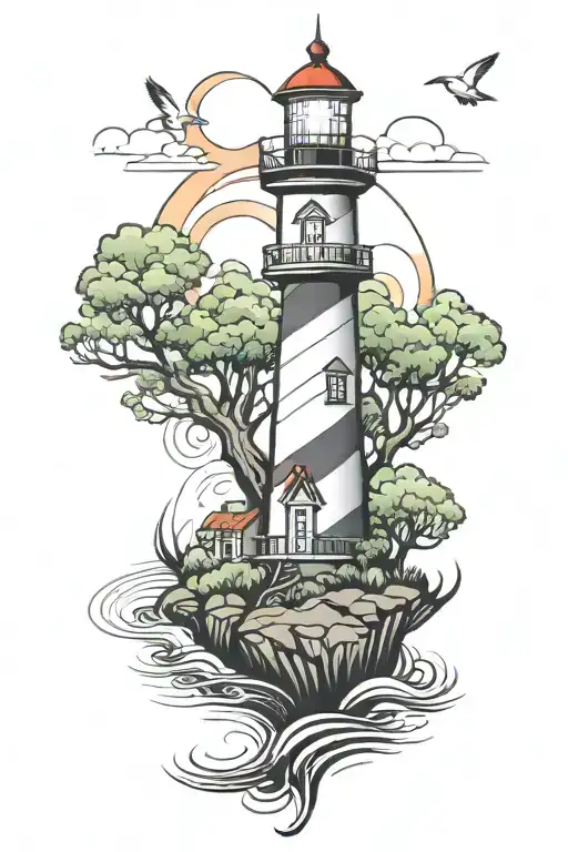 Light House Nestled Within Trees And Water With A Picnic Bench