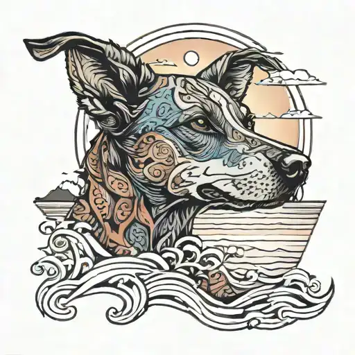 Red Cattle Dog Watching Sun Setting Into Ocean