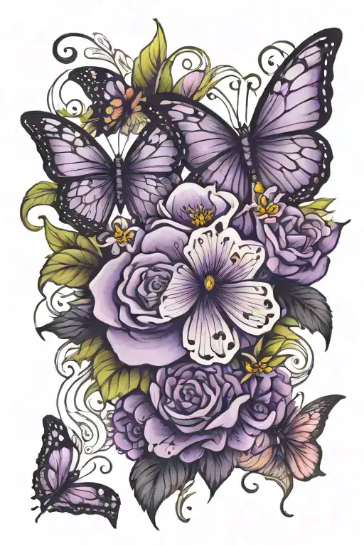 Flowers And Butterflies With Purple Cancer Ribbon Wrapped