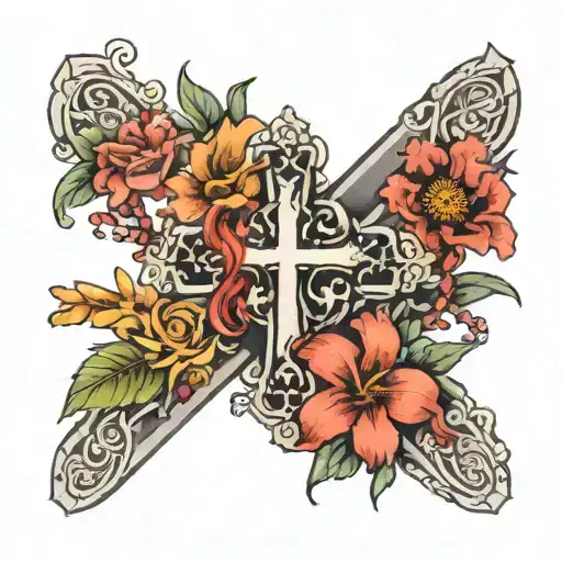 Cross And Flowers Surrounding