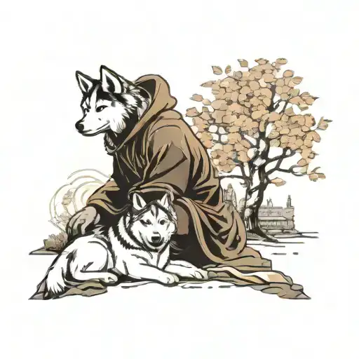 Men Sit Under The Tree With Hig Husky Dog In Rin