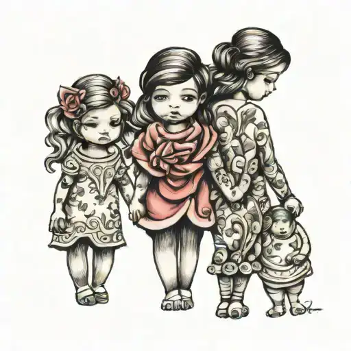 Mom And Two Daughters Holding Hands