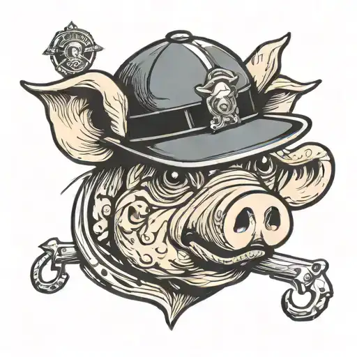 A Rubber Hose Style Cartoon Drawing Of A Pigs Head With Crossed Out Eyes And A Cops Hat One