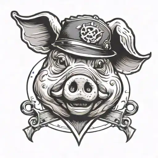 Rubber Hose Style Cartoon Of A Pigs Head With X Symbols Where The Eyes Should Be Wearing A Cops Hat