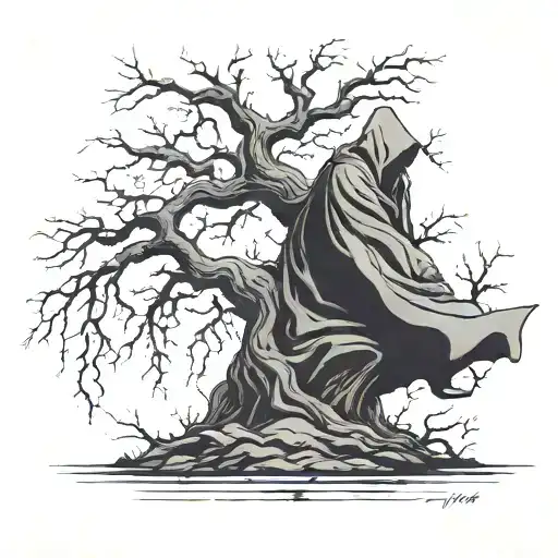 Cloaked Figure Walking Away Past Scary Tree