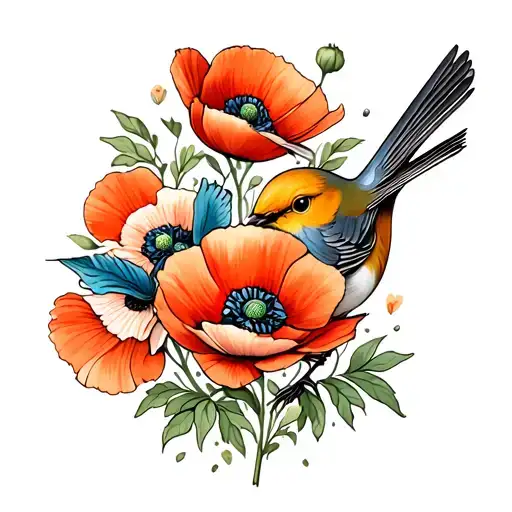 Wren And Poppy Flowers