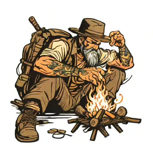 Lonely Man Sitting By A Campfire