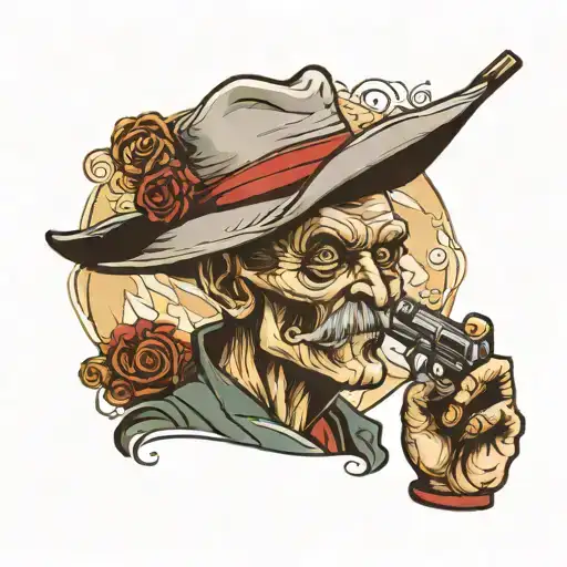 Pixou Papy With Gun In Right Hand And Cigar In Mouth