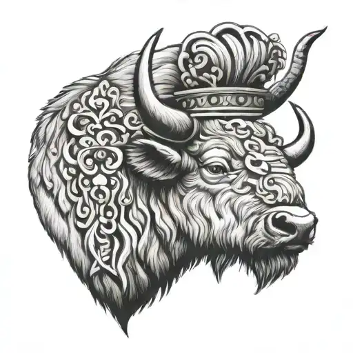 Buffalo With Crown Black And White Tattoo Realistic