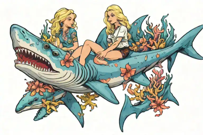 Cute Blonde Girl With Blue Eyes Riding On Top Of A Hammerhead Shark Through Some Colorful Coral Reef
