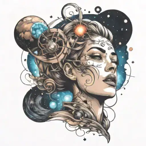 The Face Of A Woman And Part Of Her Head Is Exploding Into Planets And Stars