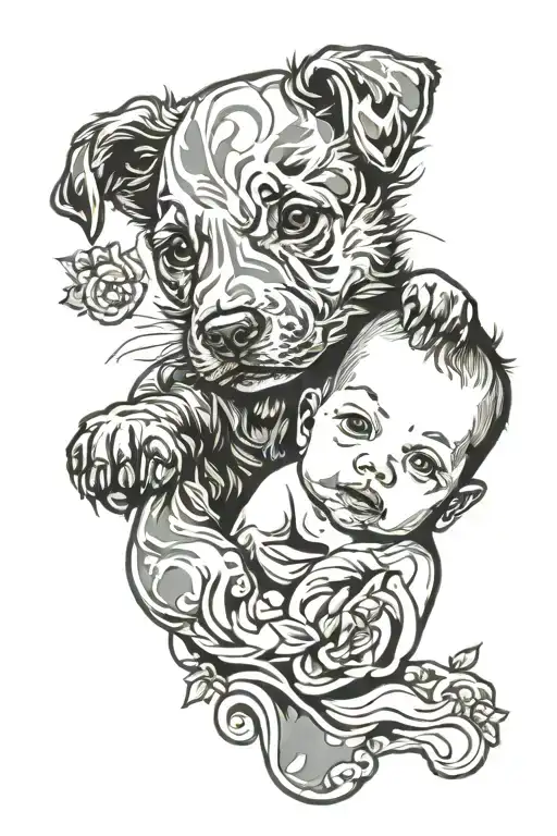 Baby And Puppy Footprint Within Silhouette Of Face