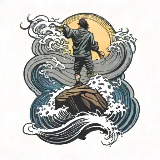 Figure Standing On A Rock In A Lighting Storm With Waves Crashing All Around