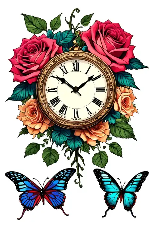 Roses Butterflies Clock Surrounded