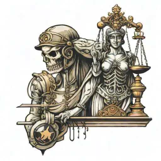 Lady Justice With Face Of Punisher With Weighing Scale In Hard Hat Of Engineer