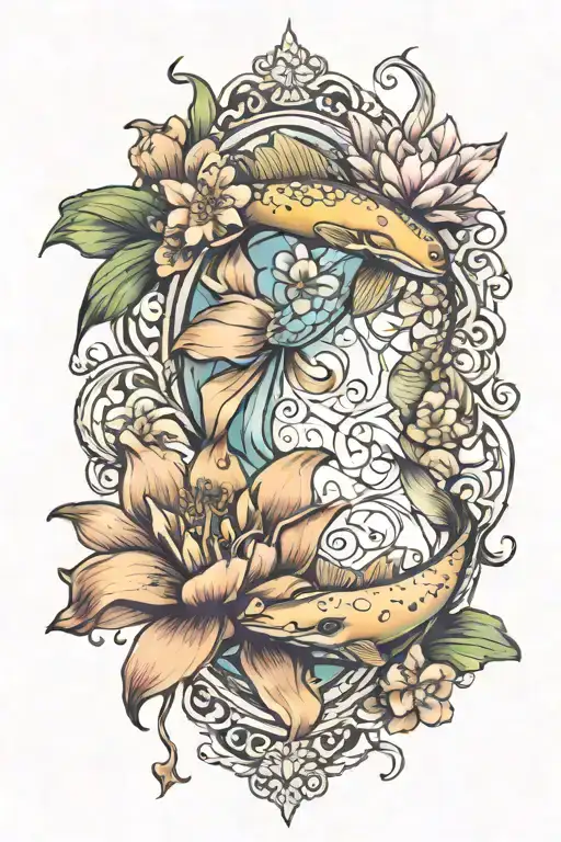 Pisces Sign And Cancer Sign Intertiwned With Iris Flower And Water Lily Flower Blooming At Each End