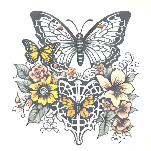 Ribcage With Broken Rib Flowers And Butterflies