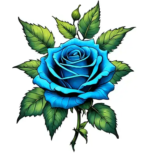 Blue Detailed Rose With Soft Shading And Green Leafs