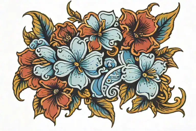 Two Blue Flowers With Malibu In Cursive Font