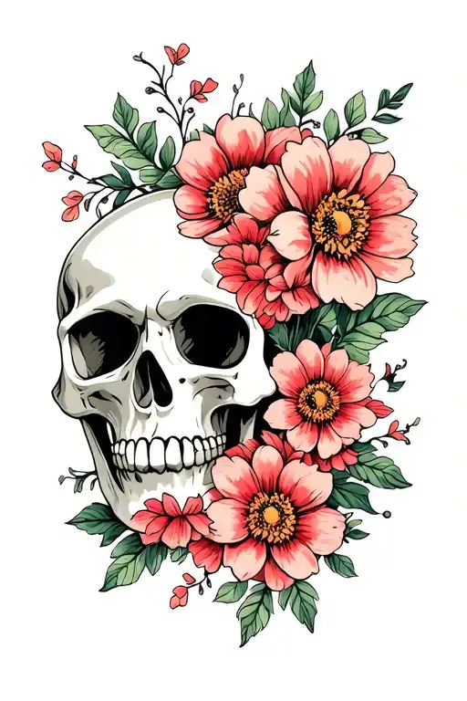 Skull And Flowers Blooming