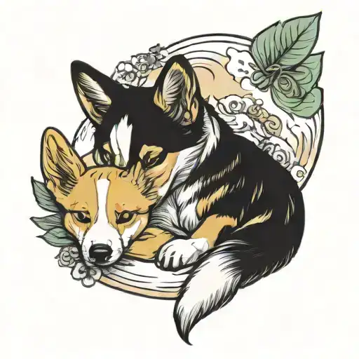 A Yellow And White Corgi Dog With An Infant Chinese Girl Sleeping