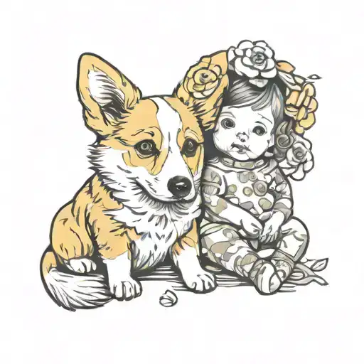 A Yellow And White Corgi Dog And A Girl Infant