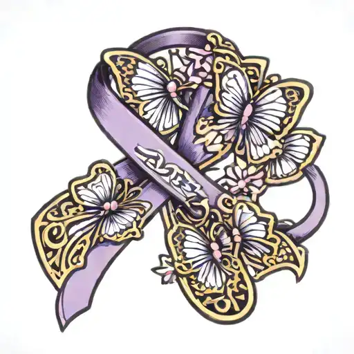Purple Cancer Ribbon With Butterflies Carrying Dog Tags