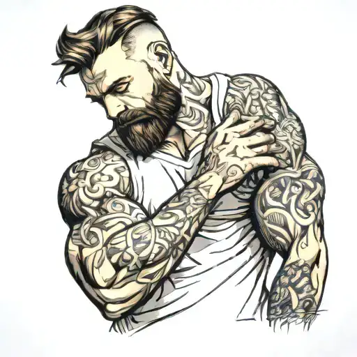 Muscular Man With Full Beard Shows Biceps