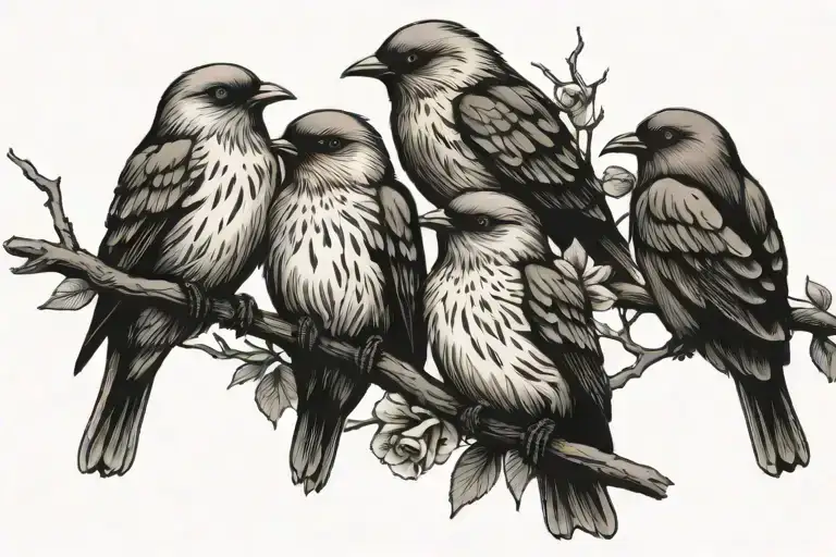 Black And White Tattoo Of Three Birds Sitting On A Branch