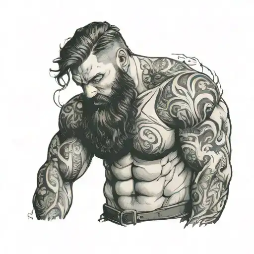 Muscular Man With Full Beard Shows Biceps