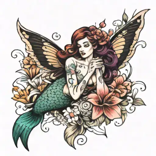 Flower With Mermaid And Butterfly